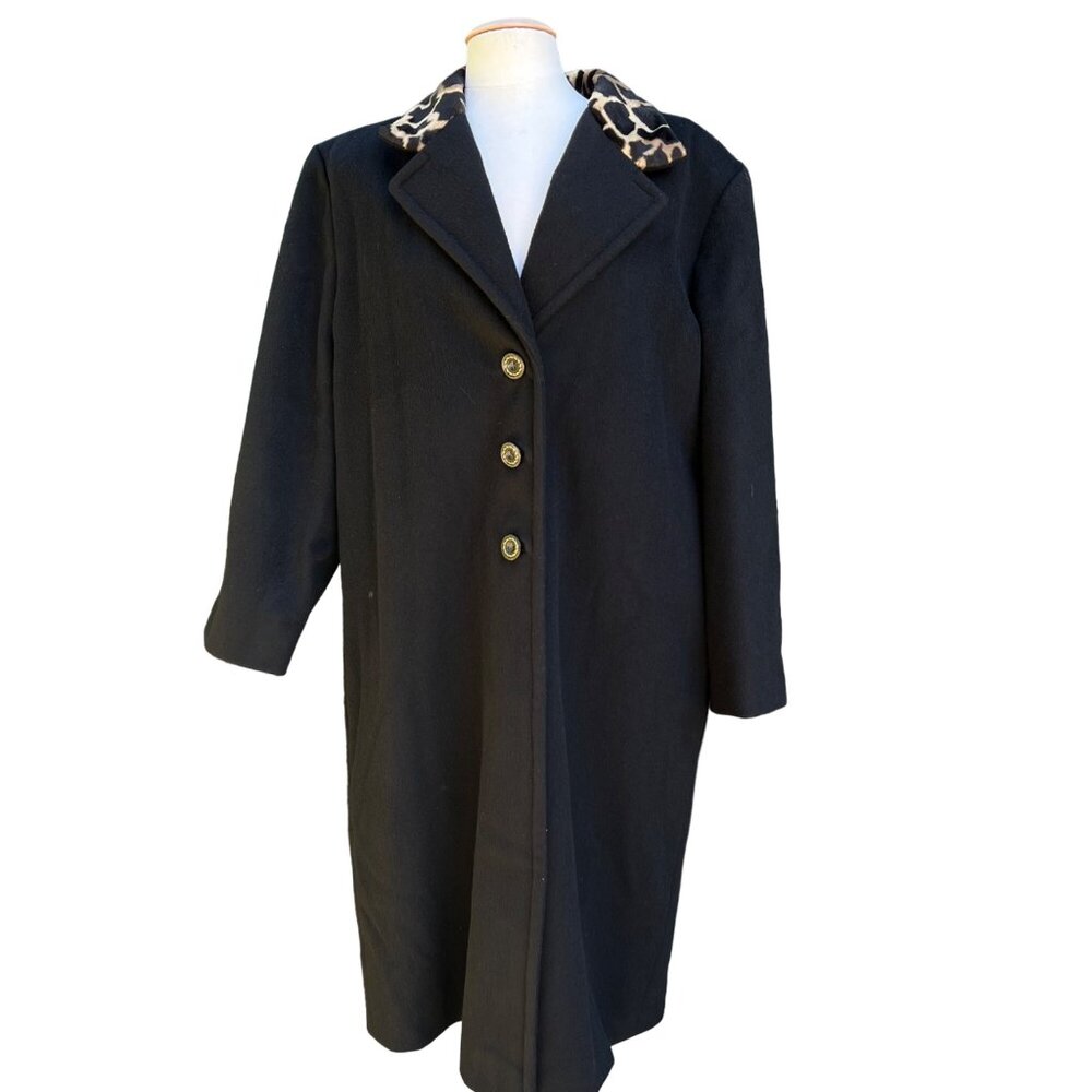 Black Wool Blend Long Dress Coat Leopard Collar Money Vintage Size XL‎ -   READ
